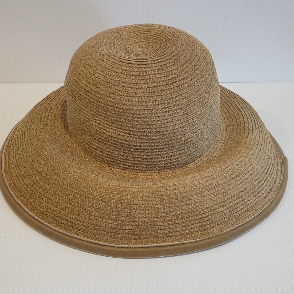 Vintage Kokin Straw Sun Hat Wide Brim Cap Beige Couture Round Crown Packable OS - Picture 7 of 16